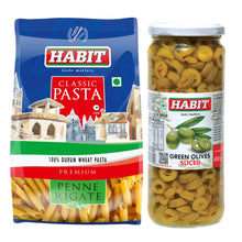 HABIT Premium Pasta Penne 500g + Green Olives Sliced 430g Combo | Durum Wheat | Perfect for Pasta, Salads, Sandwiches, Breads & Toppings