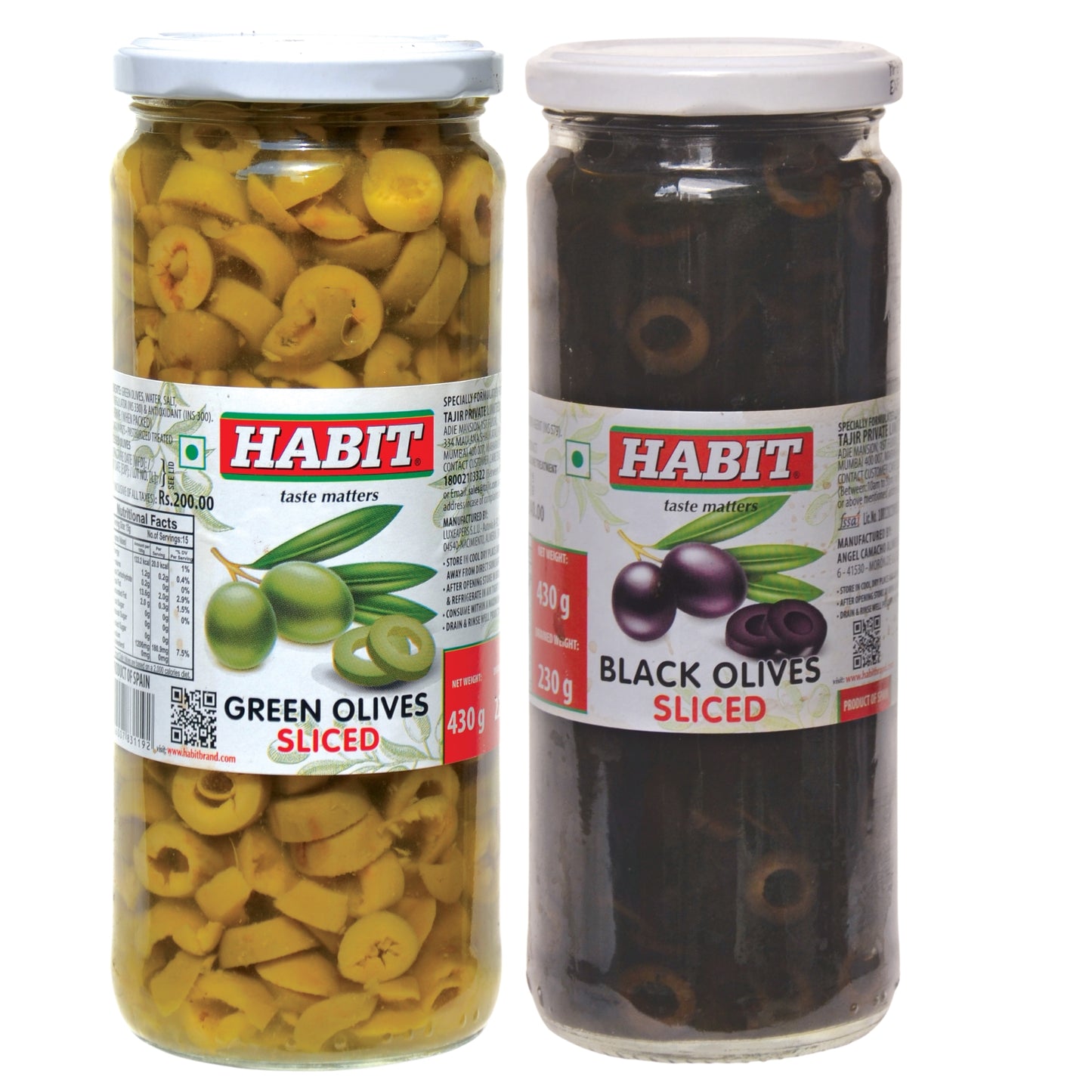 HABIT Black Olives Sliced 430g + HABIT Green Olives Sliced 430g Combo | Preserved in Brine | Perfect for Salads, Pasta, Sandwiches, Breads & Pizza