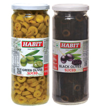 HABIT Black Olives Sliced 430g + HABIT Green Olives Sliced 430g Combo | Preserved in Brine | Perfect for Salads, Pasta, Sandwiches, Breads & Pizza