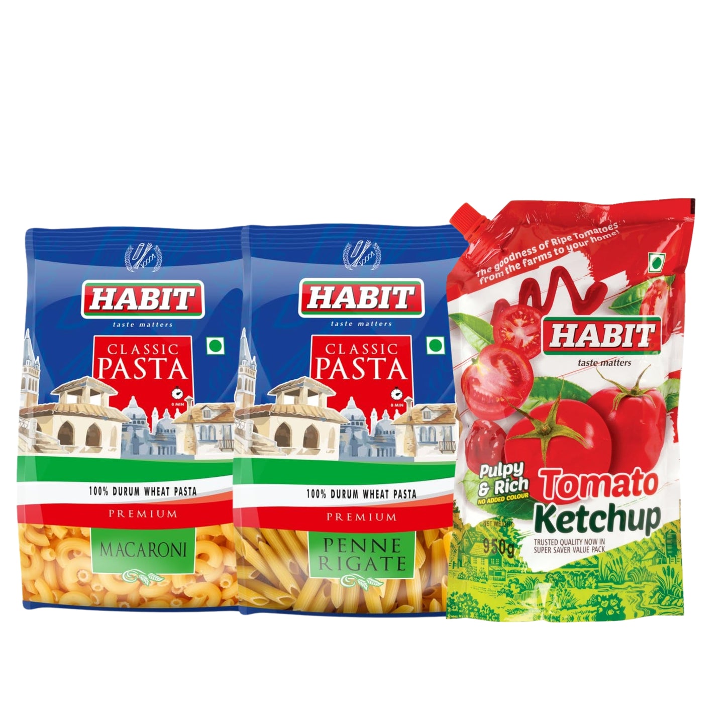 HABIT Pasta Macaroni + Pasta Penne Each 500g + HABIT Tomato Ketchup 950g Combo | Durum Wheat Pasta | Tangy & Sweet Flavor | Perfect for Pasta, Snacks & Meals