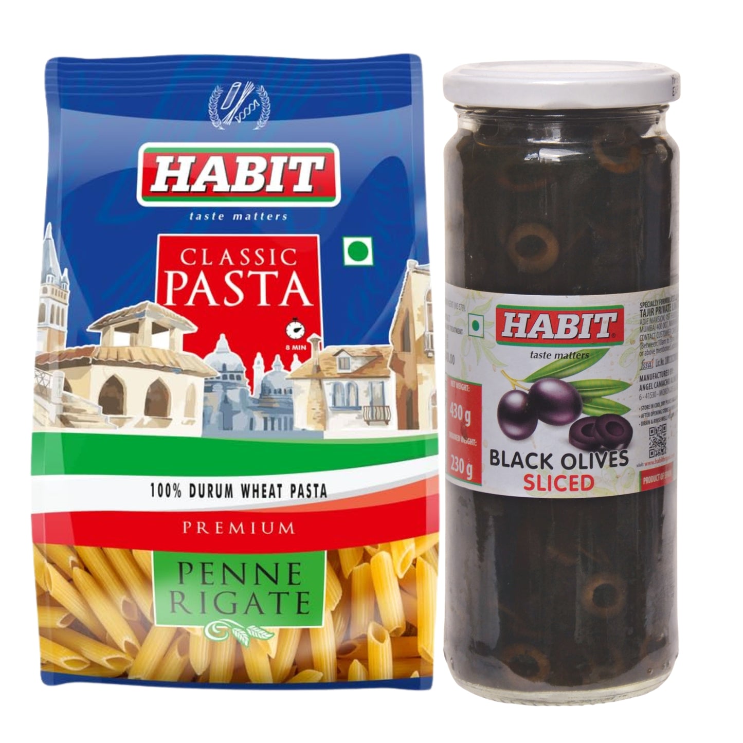 HABIT Premium Pasta Penne 500g + HABIT Black Olives Sliced 430g Combo | Durum Wheat | Perfect for Pasta, Salads, Sandwiches & Pizza