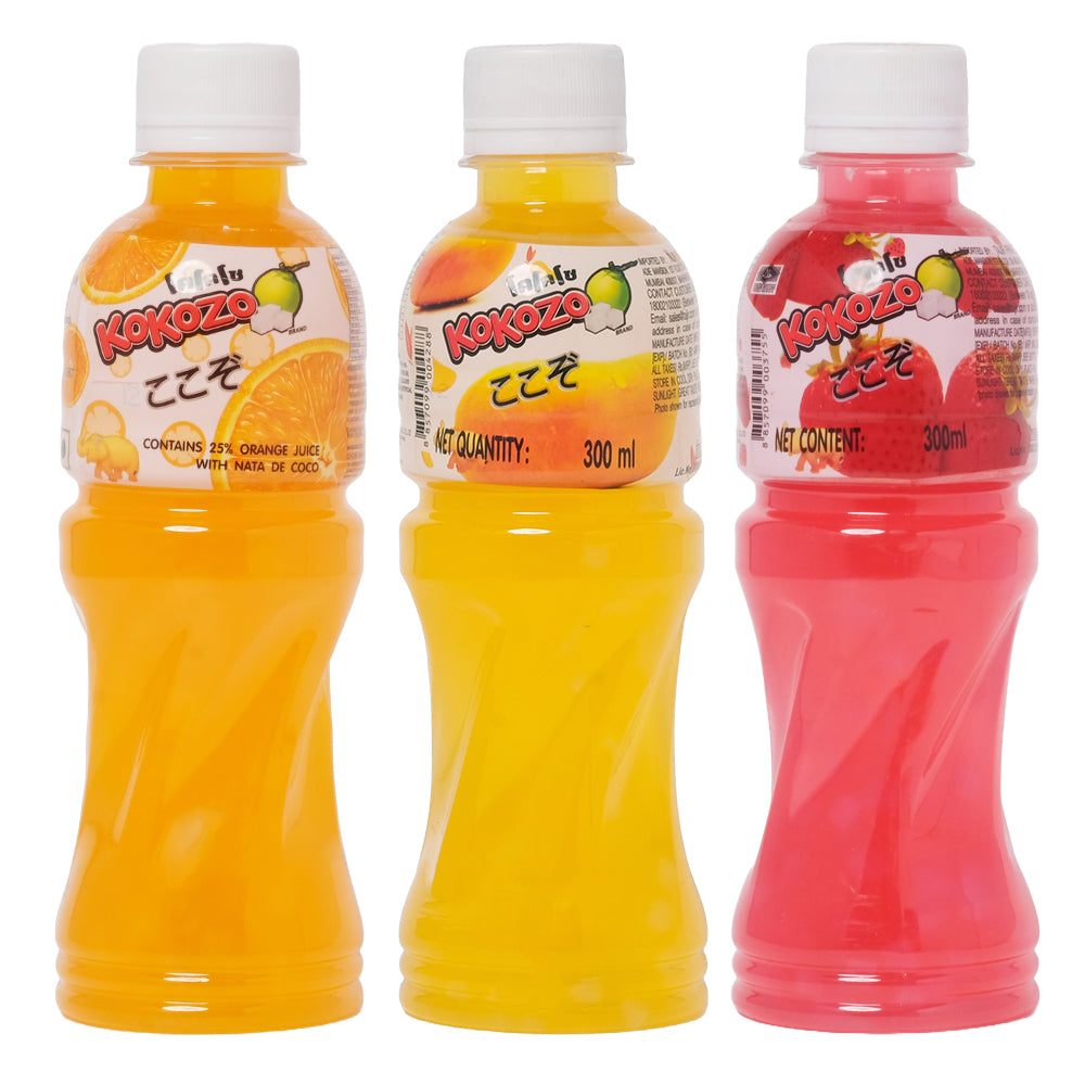 Kokozo Strawberry, Mango & Orange Juice Nata Coco | Assorted Drink (300 ML Each - Pack Of 3)